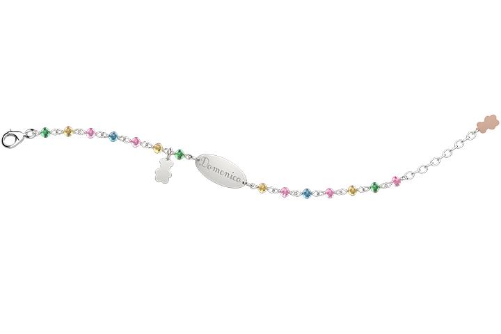 Bracciale Bambino Bambina Gioielli Nanan Bijou argento Targhetta sfere  colorate nan0242