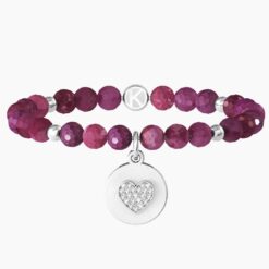 Kidult - Love  Bracciale elastico con agata fucsia e ciondolo tondo in acciaio satinato, cuore con cristalli bianchi