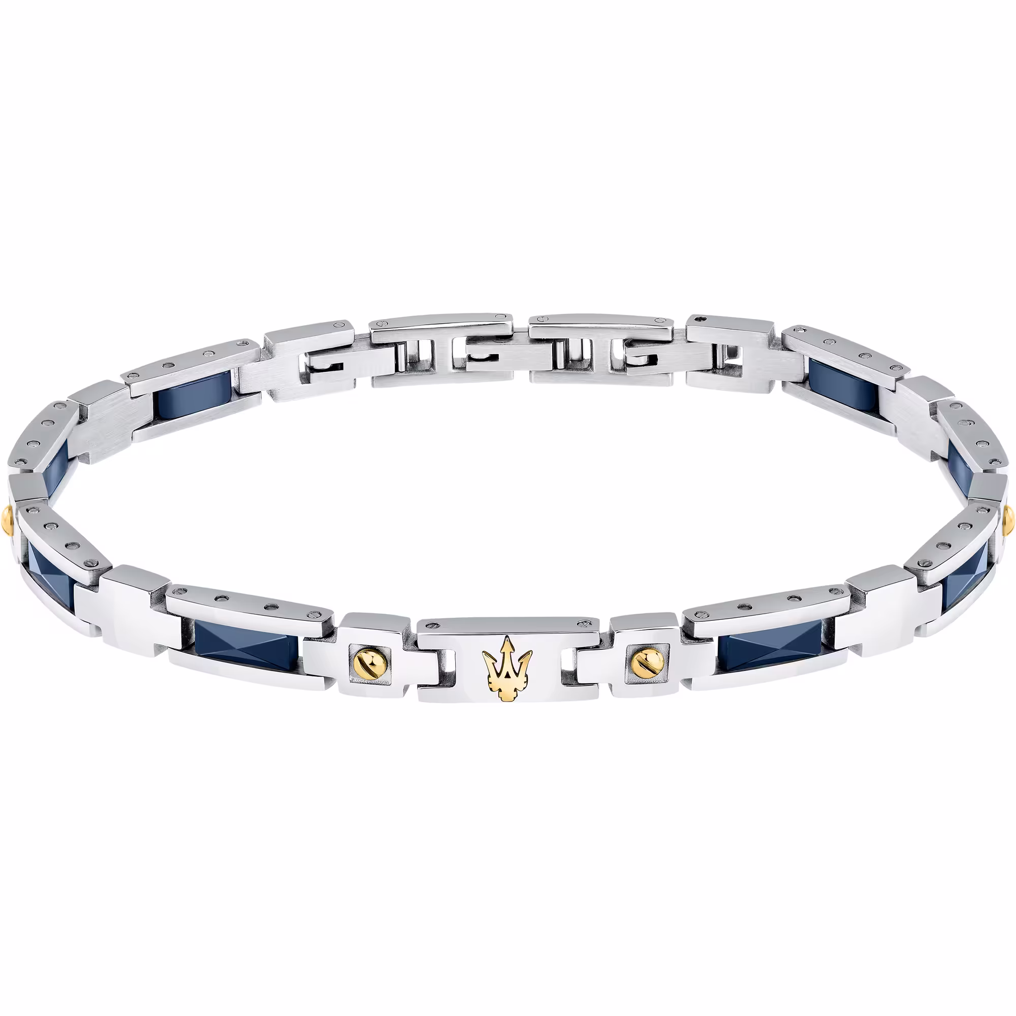 Bracciale Uomo Maserati Acciaio Ceramica Blu Logo Tridente Viti Oro JM423ATZ31