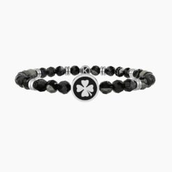 Bracciale elastico uomo con agata nera e quadrifoglio 732256